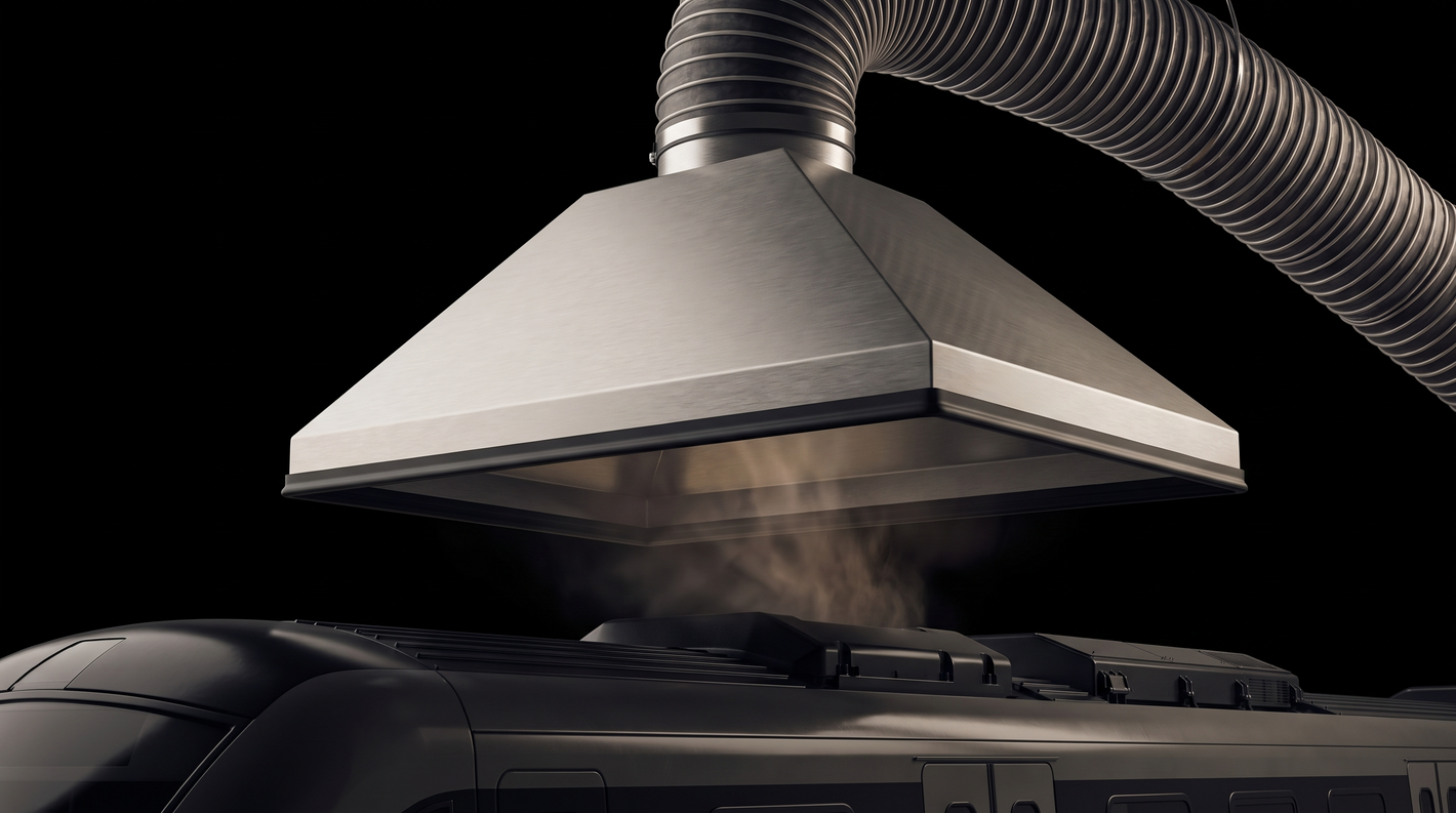 Rail depot exhaust extraction canopy hood capturing locomotive exhaust